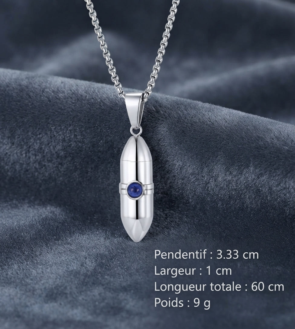 Pendentif Funéraire Balle en Acier Inoxydable et Pierre - Porte-Cendres